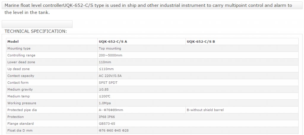 Marine Float Level Controller UQK 652 C S Global Ship Spare Parts